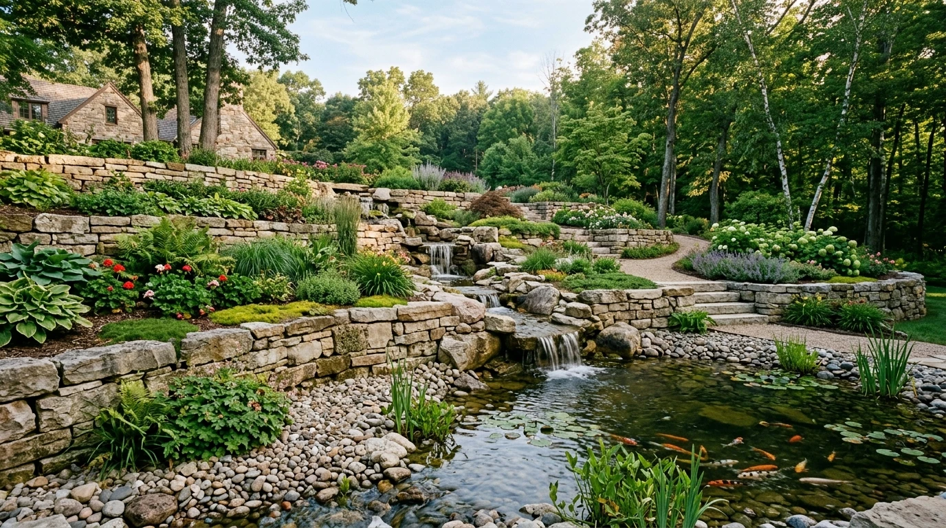Terraced Garden Retaining Wall and Cascading Waterfall Feature