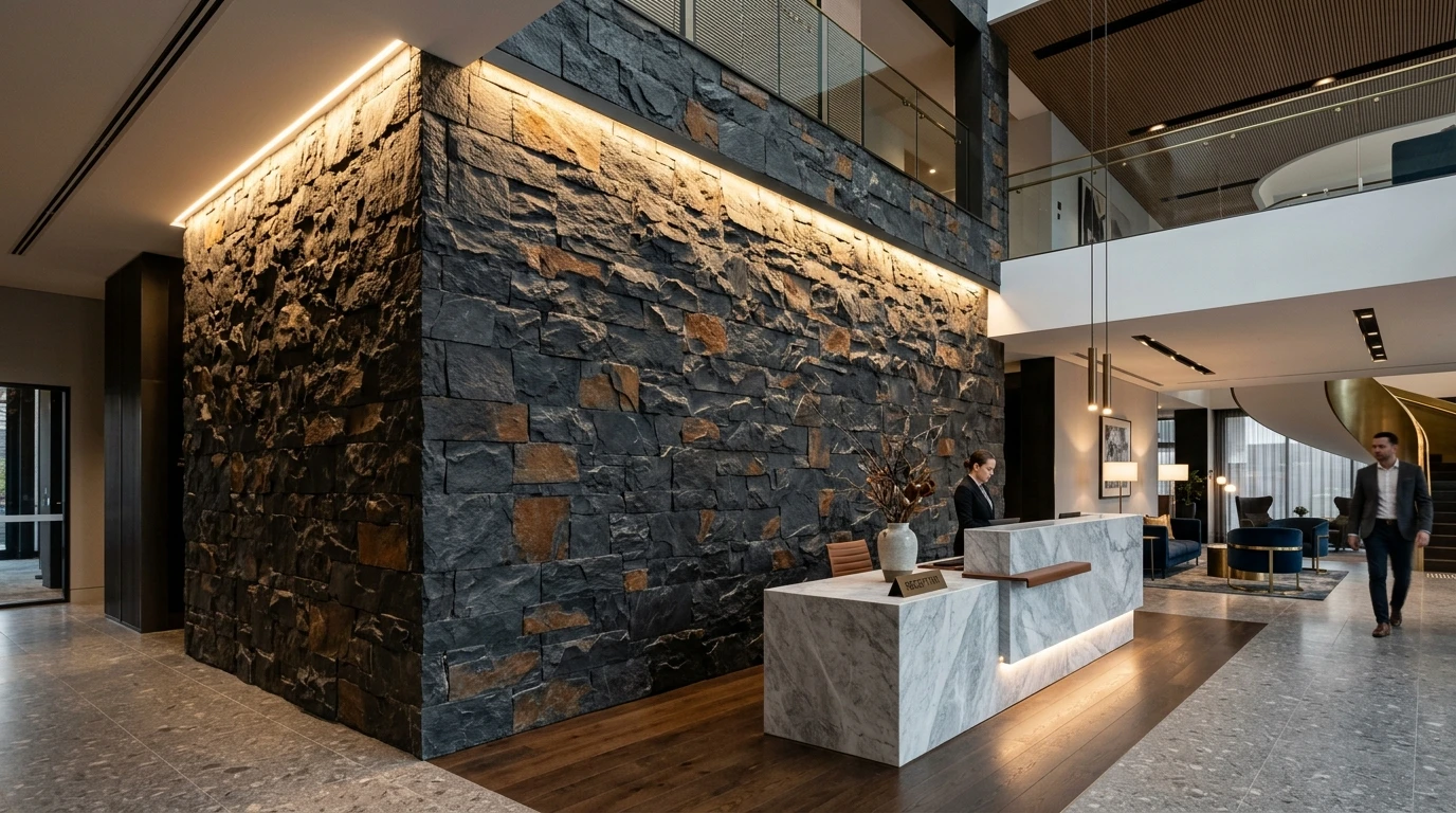 5-Star Boutique Hotel Lobby Reception Feature Wall Clad in Dark Slate Stone