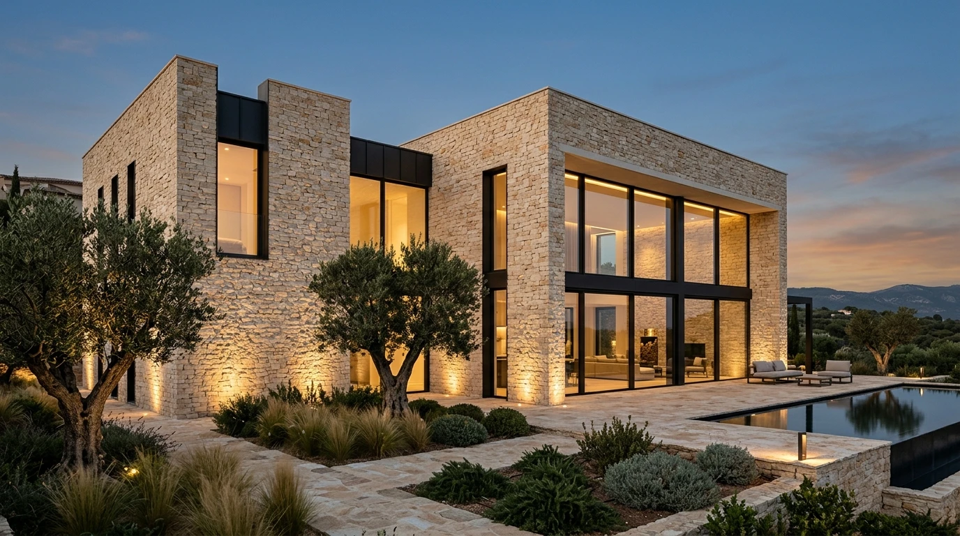 Luxury Villa Facade & Entrance Cladding with Natural Stone Veneer
