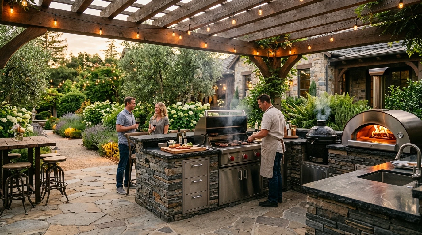 Outdoor Kitchen and Built-in BBQ Island Clad in Stacked Stone Veneer
